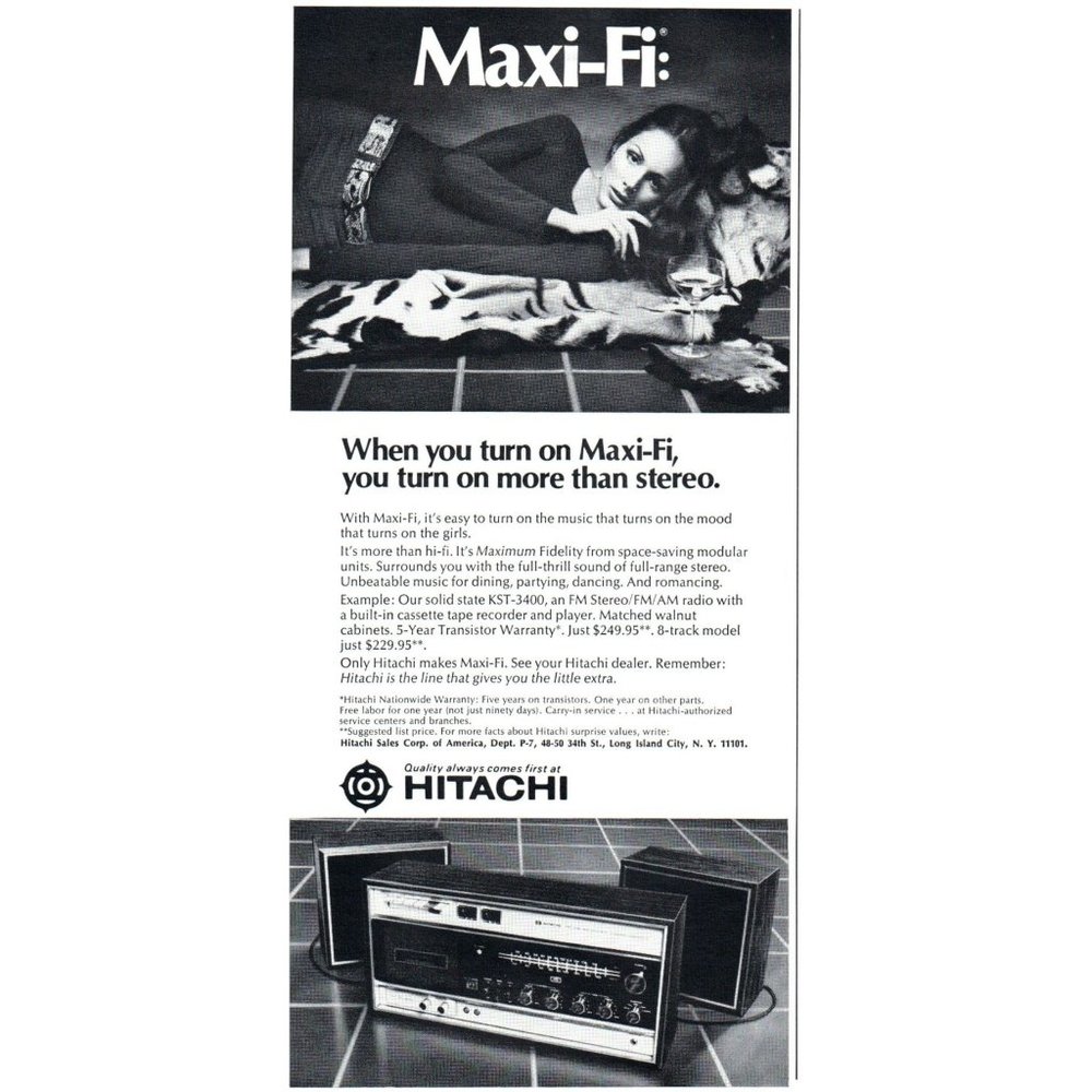 1970 Hitachi Maxi-Fi Stereo KST-3400 Vintage Print Ad Sexy Smoky Eyes Wall Art